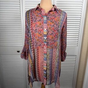 Fig and Flower Boho Patchwork Floral Tunic Shirt Lurex Stripes Size M